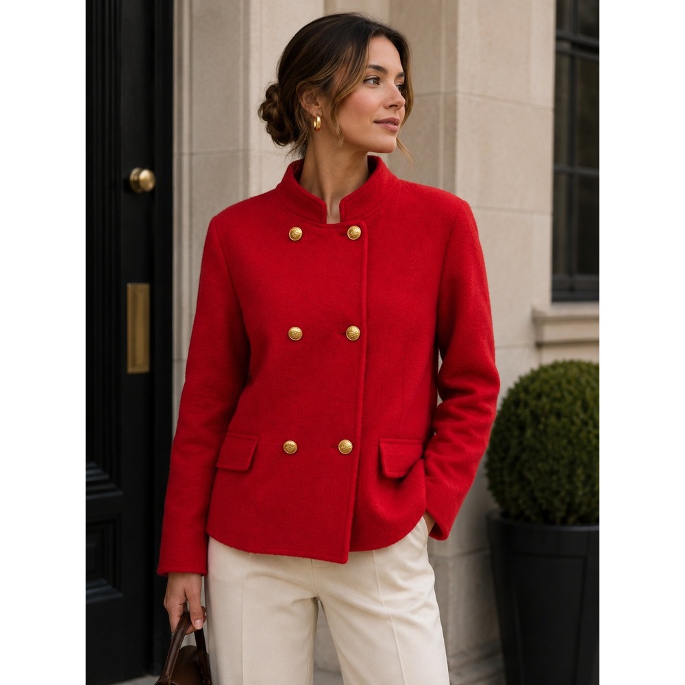 Talbots Boiled Wool Blend Jacket Women 10 Red Gold Button Military Regency Chic